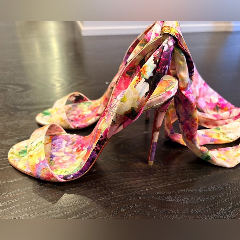 Christian Louboutin Floral Satin High Heel Sandals - Pink Multi